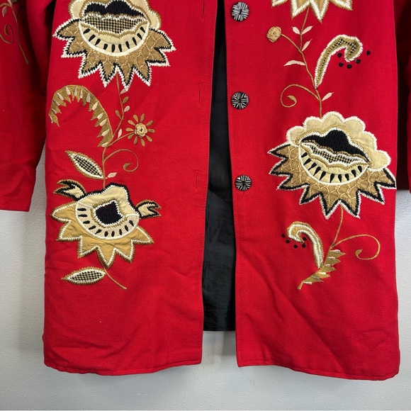 Indigo Moon M Red Floral Embroidered Jacket Floral Oriental Mandarin Buttons - Picture 5 of 15